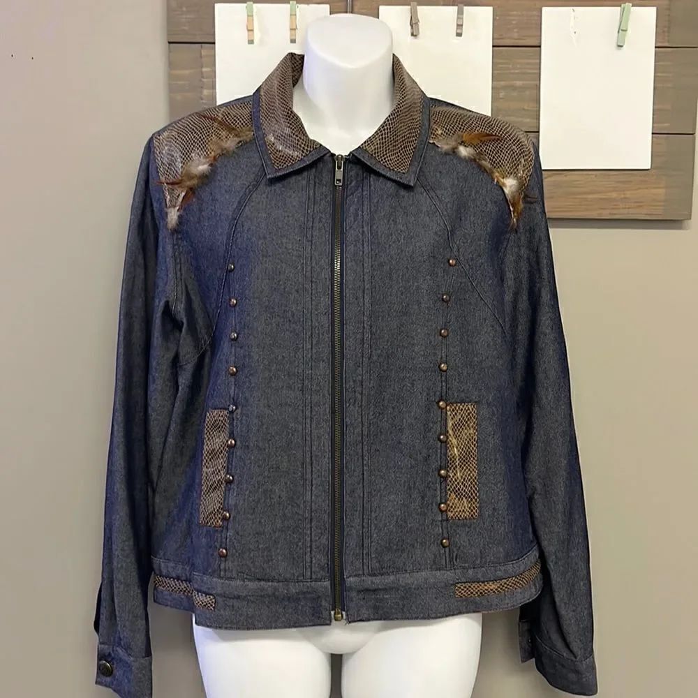 Patchington Vintage Silk Cotton Zip Up Jean Jacket Faux Snakeskin & Feathers-Med